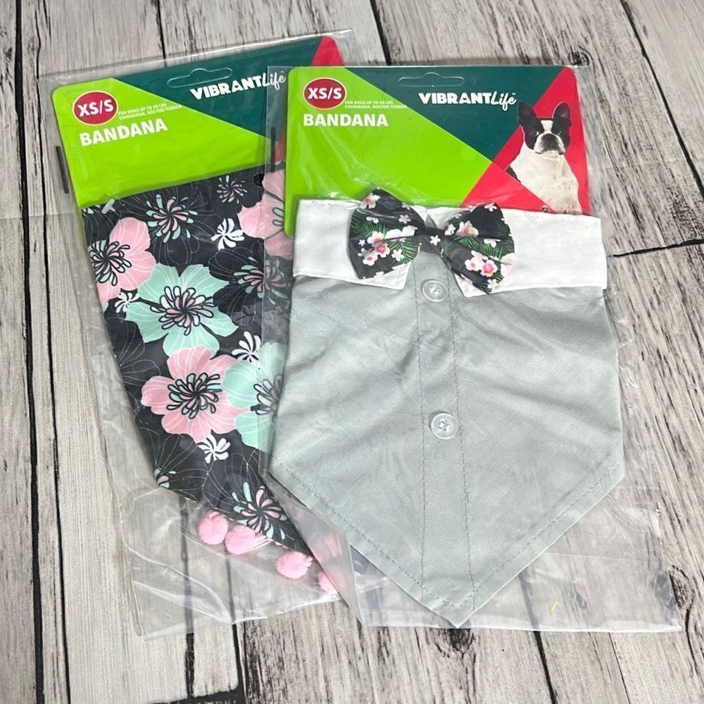 Vibrant Life Pom Edge Floral Black Tuxedo Style Gray Dog Bandana XS Lot of 2 NWT